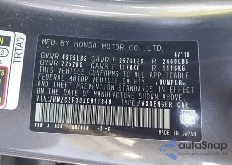 2018 Honda Clarity Plug-In Hybrid Touring из США, поврежденный, VIN JHMZC5F30JC011849